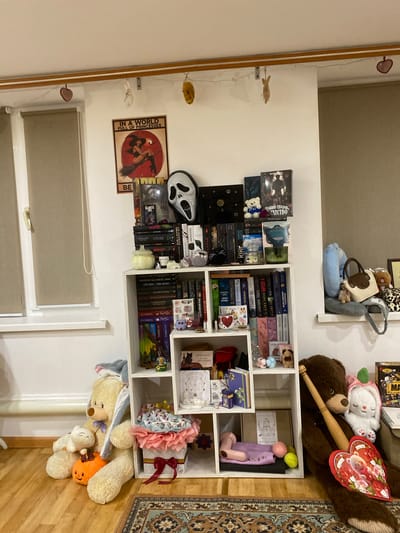 The image depicts an indoor scene, likely a room in an apartment in Polonne, Ukraine, filled with various decorative items and books. A white shelving unit is centrally placed, displaying a collection of books, small decorative figures, and stuffed animals.
On the top shelf of the unit, there are several books with dark covers, a white Ghostface mask from the Scream franchise, and a small round black object with a circular pattern. To the left of the shelving unit, a poster of a witch on a broomstick is attached to the wall. Above the poster, decorative items, possibly small dried fruits or ornaments, hang from a string.
The shelves themselves contain a variety of books, some with colorful covers and others with darker spines. There are also small decorative items such as a yellow jar with a lid, a small glass figurine, and several knitted ornaments. A gift-wrapped box with a pink floral arrangement and a red ribbon sits on the bottom shelf.
To the left of the shelving unit, large stuffed animals, including a cream-colored bear with a blue bow and a small white cat, are placed on the floor, along with a plush orange pumpkin. To the right of the shelving unit, a large brown teddy bear is positioned, holding a wooden baseball bat and a red heart-shaped Valentine's card. A white stuffed bunny with pink ears sits next to the large teddy bear.
The environment appears to be a living space, with a wooden floor and a patterned rug. A window with a cream-colored blind is visible on the left side of the image. The overall impression is one of a cluttered yet cozy personal space, decorated with a mix of themed items, possibly related to horror, fantasy, and holidays.