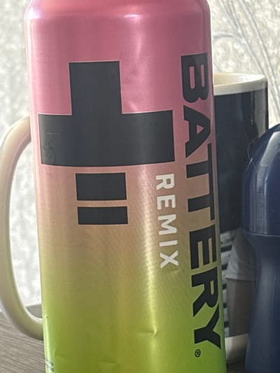 This is a close-up, eye-level, vertical shot of a can of "BATTERY REMIX" energy drink. The can has a gradient color scheme transitioning from pink at the top to green at the bottom. A large black plus sign is visible on the pink section, and two black horizontal bars are on the lower section. The text "BATTERY" is written vertically in black on the right side of the can, and "REMIX" is written horizontally in white below the plus sign. The can is placed on a wooden surface and is partially obscured by a light-colored mug and a dark blue object, possibly another container. The background appears to be a light-colored, textured surface, potentially a wall or fabric. The scene is indoors and well-lit. There is no discernible information about the location in the city of Tapa, Estonia.