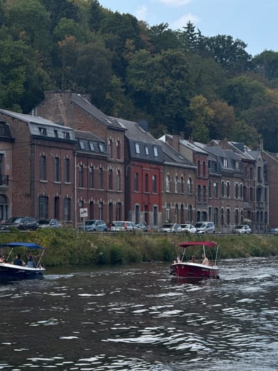 The image depicts a scene along the Meuse River in Dinant, Belgium. On the left, a blue-canopied boat carries at least three individuals, one of whom appears to be at the helm. Further to the right, a red-canopied boat contains two individuals. The river's surface is disturbed, indicating movement from the boats.
The background features a row of historic brick buildings lining the riverbank. These buildings have multiple stories, red brick facades, and varied architectural details including windows and rooflines. A tree-covered hillside rises behind the buildings, displaying autumnal foliage with greens, browns, and hints of yellow. Along the riverbank in front of the buildings, a grassy area with wildflowers is visible, and a line of parked cars is present. A traffic sign is also visible near the parked cars. The sky above is partly cloudy.