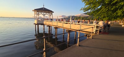This image depicts a vibrant outdoor dining scene on a pier extending into a calm body of water, likely a lake, given the location context of Bregenz, Austria. The time of day is late afternoon or early evening, indicated by the warm, golden light of the setting sun casting long shadows and illuminating the scene. The sky is a clear, pale blue, transitioning to a soft yellow near the horizon.

The main subjects are a group of people dining at tables set up on the pier. They appear relaxed and engaged in conversation, suggesting a social gathering or meal. White umbrellas provide shade for some of the tables. A white gazebo-like structure stands at one end of the pier, possibly housing part of the dining area or offering additional shelter. The pier itself is supported by wooden pilings driven into the water.

In the background, the opposite shore is visible, lined with trees and buildings, with hills or mountains further in the distance. To the right of the pier, a paved walkway runs along the water's edge, with more trees providing a green canopy. A few more people are visible on the walkway, some seated on loungers. The overall mood is peaceful and pleasant, characteristic of a leisurely summer evening by the water. The water is still, reflecting the pier and the sky, and the reflections of the pier's supports create a mesmerizing pattern. There is no visible text in the image.