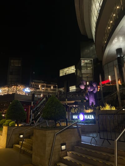 The image captures a modern outdoor commercial plaza or shopping complex at night, located in Jesús María, Peru. The scene is illuminated by extensive artificial lighting, casting a warm glow on the various structures.

In the foreground and to the right, a wide stone staircase with metal railings leads upwards. The edges of the steps are marked with yellow and black anti-slip tape, and small square lights are integrated into the walls alongside the stairs. Green, manicured bushes are strategically placed throughout the plaza, adding natural elements to the urban landscape.

A central focal point is a large, glossy purple sculpture of a cartoon-like character, possibly an animal, holding several matching purple balloons. Directly behind this sculpture, a prominent blue neon sign brightly displays the text "REAL PLAZA." To the left of the sculpture, a red sign partially shows the word "FRIDAYS," likely belonging to a TGI Fridays restaurant. Further into the background, other signs are visible, including one that reads "RUTINA" and another partially visible sign that appears to say "PRESEN..." (possibly "PRESENTA"). A small sign for "Coolbox" is also faintly discernible.

The buildings feature modern architecture with glass facades and multiple levels, some revealing illuminated interiors. String lights are draped across parts of the complex, enhancing the nighttime ambiance. The underside of an architectural overhang is lined with numerous warm-toned strip lights. The overall atmosphere is quiet, with no people clearly visible, suggesting the photograph was taken during off-peak hours or after closing. The dark sky confirms the nighttime setting.