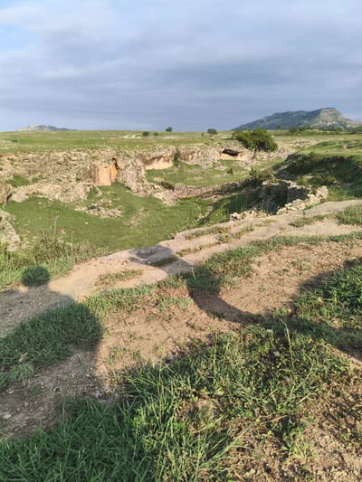 The image depicts a natural landscape with a distinct geological formation. In the foreground, there is a dirt path with sparse green grass growing along its edges. A shadow, presumably from the photographer or a nearby object, is cast across the path.
The middle ground features a steep, rocky ravine or canyon. The walls of the ravine are uneven and appear to be composed of layered rock. Green grass and vegetation grow on the slopes and within the ravine. There is a low stone wall constructed along one of the slopes.
In the background, a vast expanse of green, rolling hills stretches towards the horizon. Several scattered trees are visible on these hills. In the far distance, a large, prominent mountain with a flat top rises above the landscape. The sky is partly cloudy, with patches of blue visible through the lighter clouds. The overall scene suggests an outdoor, rural or natural environment. The location is identified as Irgali, Russia.