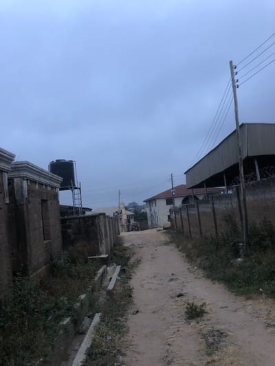 A sideways view of a dirt path winds between buildings and foliage under a cloudy sky. A large industrial structure with barbed wire along its top edge stands to the left. Utility poles line the path with power lines stretching overhead. A partially constructed building with a water tank is visible in the foreground. Vegetation overgrows the edge of the path and around the buildings. The light suggests early morning or late evening.