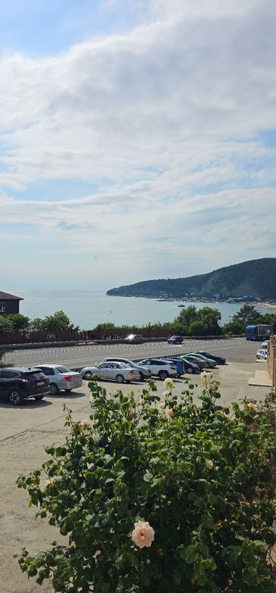 The image captures a picturesque scene in Lermontovo, Russia, with the Black Sea and lush green hills forming a stunning backdrop. In the foreground, a parking lot is visible, filled with various cars, including a black SUV, silver sedans, and a white crossover. A vibrant rose bush with delicate pink blooms adds a touch of natural beauty to the otherwise utilitarian parking area. Beyond the parking lot, a road runs parallel to the coast, with a few more vehicles, including a blue truck, traversing it. The sea stretches out to the horizon, its surface shimmering under a partly cloudy sky. The coastline is dotted with buildings, suggesting a coastal town or resort area. The overall atmosphere is serene and idyllic, indicative of a pleasant summer day.