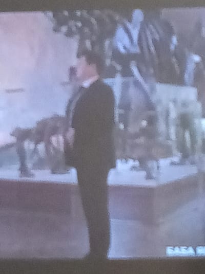 The image displays a low-resolution, blurred scene, originating from Kremyonki, Russia, and appearing to be a photograph of a screen. A single individual, dressed in dark formal attire, stands positioned slightly left of the frame's center, facing approximately 30 degrees to the right. The person's hands are clasped or held together at waist height. The background behind the individual features a collection of several indistinct sculptural forms, possibly metallic or stone, elevated on various pedestals or bases. These sculptures appear to depict figures in various poses or actions. A prominent horizontal structure, possibly a wall or display base, spans the mid-ground behind the individual and beneath the sculptures. Partial white text is visible in the bottom right corner of the frame. The overall lighting is diffuse, contributing to the soft focus and faded color palette.
