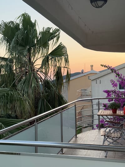 This media file captures a scenic view, likely from a balcony in Seoce, Montenegro, during the soft light of sunset. The foreground is dominated by the lush, green fronds of a palm tree, its leaves fanning out against a pastel-colored sky. Partially visible is an overhang, possibly from a roof or awning, with a light fixture attached to its underside.
Beyond the palm tree, the scene opens to a charming residential setting. A building with a white facade and a beige lower section stands prominently, adorned with vibrant purple bougainvillea cascading from above. A metal railing with glass panels runs along the front of a balcony, offering a clear view of the surroundings. On this balcony, a table and chairs, made of weathered wood and intricate metalwork, are set up, suggesting a space for relaxation and enjoyment.
Further in the background, another building with a more muted yellow exterior can be seen, featuring a chimney and what appears to be a satellite dish. A hint of a hillside or mountain landscape is visible in the distance, partially obscured by the palm tree. The overall impression is one of tranquility and a serene evening ambiance, characteristic of a coastal location at dusk. No visible text is present in the image.