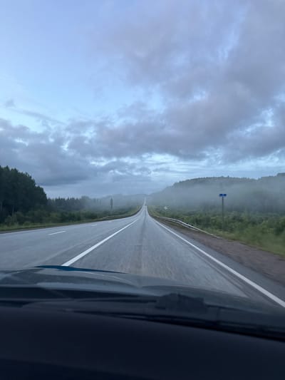 This is a point-of-view shot from a vehicle traveling on a wet asphalt road in Div'ya, Russia. The road has white lane markings and curves gently towards the horizon. On the left, a dense forest of dark green trees lines the road. On the right, the landscape consists of green vegetation and trees shrouded in fog. The sky is overcast with dark, cloudy patterns. A blue road sign with white markings is visible on the right side of the road. The foreground shows the dashboard of the vehicle.