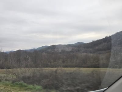 The image depicts a rural landscape, possibly taken through a window. Overcast sky dominates the top portion of the frame. In the mid-ground, there are rows of leafless trees extending horizontally across the frame. Further back, rolling hills rise into mountains. The foreground consists of a field, possibly agricultural land, with brownish vegetation and some green patches visible near the bottom left. This landscape is potentially located in the city of Mikre, Bulgaria. No people, specific objects or actions are detectable.