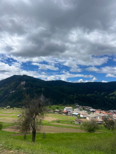The image depicts a mountainous landscape with a village nestled on the slope, likely in the vicinity of Giovren, Bulgaria. The sky occupies a substantial portion of the frame, showcasing a dynamic interplay of dark, heavy clouds interspersed with patches of blue sky.

A steep, densely forested mountain ridge extends vertically, dividing the sky from the village and cultivated fields. The village consists of houses with predominantly light-colored walls and red/orange roofs. Below the village, a series of terraced fields stretch down the slope, displaying a mixture of green grass and bare soil.

In the foreground, a bare tree, devoid of foliage, stands in a grassy area. The land slopes downward towards the lower edge of the frame. The overall impression is a scenic vista of a rural area in Bulgaria, characterized by a combination of natural and man-made elements. There are no people visible in the frame.