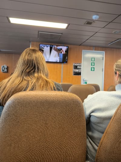 The scene depicts the interior of a passenger lounge on a vessel, likely a ferry, operating within the Southern Gulf Islands Electoral Area, Canada. Two individuals are visible from behind, seated in brown upholstered chairs. The person in the foreground has long, wavy blonde hair, wears a dark grey top, and has sunglasses resting on their head. To their right, a second individual with shorter blonde hair is dressed in a light grey chunky knit turtleneck sweater.

On the light-colored wood-paneled wall, a flat-screen television is mounted, displaying an image of hands engaged in food preparation. To the left of the television, a beige wall-mounted telephone handset is affixed. To the right of the television, a white door is present, marked with three green square pictograms arranged vertically and a green wheelchair accessibility symbol near its base. Several black-and-white informational signs are mounted on the wall between the television and the door. The ceiling consists of light-colored tiles, featuring recessed rectangular fluorescent light panels and a circular white smoke detector.
