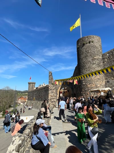 The image depicts a scene in Hostalric, Spain, likely at a festival or fair near the medieval castle. In the foreground, people are sitting along a stone wall, seemingly enjoying the event. The main focus is the stone castle, with banners and flags hanging from it. Several people are gathered near the castle, likely vendors or attendees of the event. The sky is clear and blue. The image captures a bustling atmosphere with the castle as a historical backdrop.