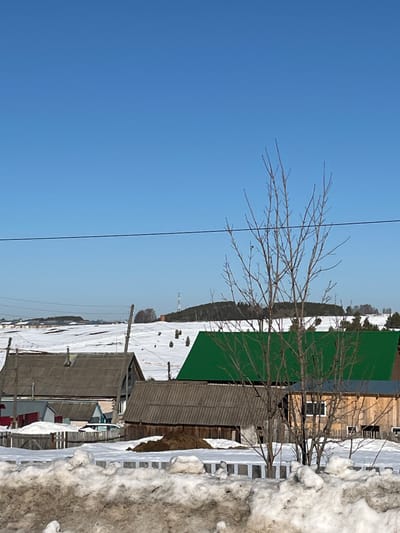This image depicts a rural or semi-rural scene in Сундур, Russia, characterized by extensive snow cover under a clear blue sky. In the immediate foreground, a substantial accumulation of dirty, brown-tinged snow occupies the bottom portion of the frame. Behind this snow, a low wooden picket fence is partially visible.
The midground features several structures and bare trees. From left to right, a dwelling with a gray corrugated roof and light-colored walls, featuring a small red annex and a chimney, is visible. Adjacent to it stands a utility pole. To its right, a dark gray wooden outbuilding with a corrugated roof is situated. Further right, a light-colored wooden house with a prominent green corrugated metal roof and visible white-framed windows is present. A light-colored sedan is partially visible between the dwelling and the outbuilding, parked amidst the snow. A mound of dark brown material rests on the snow near the wooden outbuilding. Two bare deciduous trees with visible branch structures stand in the central midground.
The background consists of undulating, snow-covered fields dotted with small evergreen trees. A distinct line of dark coniferous forest stretches across a distant hill, above which a tall, slender white and red communication tower is clearly visible. A single dark horizontal cable or wire spans the upper mid-section of the image against the uniformly clear, bright blue sky. No individuals or discernible actions are present in the scene.