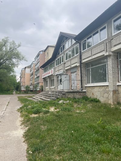 The image depicts a street scene in Cherliany, Ukraine. Buildings line one side of a paved walkway. The structures vary in architectural style, including multi-story apartment buildings and a brick-faced building with a large window. The brick building has signage in Russian that reads "БУХГАЛТЕРСКИЙ" The walkway is bordered by grass. A bird flies in the grey sky. Trees with green foliage are visible in the background.