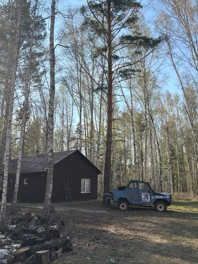 A vertical outdoor shot depicts a rural scene likely in Таскино, Russia, given the presence of birch trees common to the region. The sky is a light blue with scattered clouds. Bare birch trees dominate the composition, interspersed with taller coniferous trees. In the midground, a dark-colored, two-story building with a peaked roof is visible. A ladder leans against the building's side. Adjacent to the building, an off-road vehicle with the number "31" on its side is parked. To the right, a pile of stacked wood lies near the edge of the frame.
