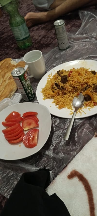 The image depicts a casual dining scene, likely indoors on a soft, dark brown surface resembling a carpet or blanket, covered in parts with clear plastic sheeting. In the foreground, a white plate holds several slices of red tomato arranged in a fanned pattern. To the right, another white plate is filled with a generous portion of rice pilaf mixed with chunks of meat and what appear to be red pepper or tomato pieces. A silver spoon rests on the rice.
To the left of the pilaf plate, a green plastic bottle is partially visible, and next to it, a silver soda can with a green label featuring a repeating pattern of white soccer balls and green leaves is standing upright. Further left, a piece of flatbread is visible. Behind the soda can, a white mug with a clear liquid is positioned. In the background, a person's legs and feet are visible, suggesting they are sitting on the floor, possibly cross-legged. The overall setting suggests a relaxed meal, perhaps a picnic or a casual gathering. The location in Linz, Austria, is not explicitly indicated by any visual cues in the image.