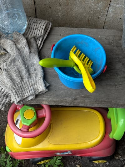 This is a top-down, close-up shot of children's toys and other items on a rustic wooden surface, likely outdoors given the presence of dirt and foliage. The scene appears to be a children's play area or a storage space for outdoor toys.
The prominent objects include a blue plastic bucket with a red rim, inside which rests a yellow plastic rake and a green plastic shovel. To the right of the bucket is a red and yellow toy car with a pink steering wheel and green accents. The car has a cartoonish face with large white eyes and a green button nose.
In the lower left corner, a plastic water bottle, partially filled with water, sits on top of two pieces of rough, grey fabric. The fabric appears to be some kind of protective covering or perhaps old work gloves. Green leaves from a plant are visible in the lower right corner, suggesting the location is outdoors and possibly in a garden or natural setting.
The lighting suggests it could be daytime, possibly overcast, as there are no strong shadows. The overall impression is one of a relaxed, perhaps recently used play setting. No people are visible, and no text is discernible. The location context of Zykovo, Russia, hints at a rural or suburban environment.