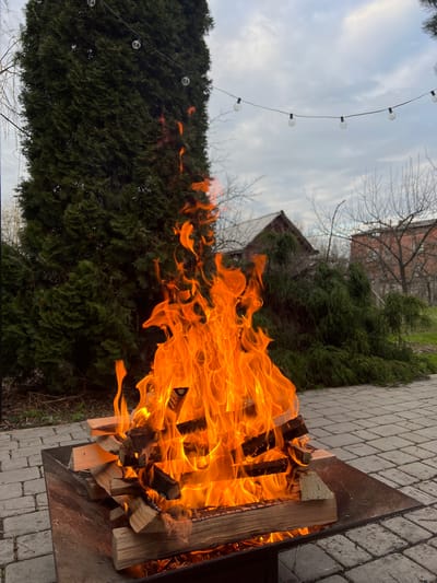 This media file captures an outdoor scene in Пролетарский, Russia, centered around a large, vibrant fire. The primary subject is a metal fire pit or brazier filled with burning wood, producing significant, bright orange and yellow flames that billow upwards and to the left. The fire consumes multiple pieces of light-colored timber, some still visible amidst the inferno.
The fire pit is situated on a patio area paved with grey interlocking bricks, which extends across the foreground and middle ground on the right. In the background, a dense line of dark green evergreen bushes or trees stretches across the middle of the frame, partially obscured by the fire's glow on the right. Above and behind these evergreens, bare deciduous tree branches are visible, suggesting a colder season or dormant vegetation. A brick building, possibly a house or shed, can be seen nestled among the trees in the upper background.
The sky is overcast and light grey, indicating either a cloudy day or late afternoon/early evening light. A string of outdoor fairy lights or festoon lights with round bulbs hangs diagonally across the upper left portion of the sky, adding to the ambiance of the outdoor setting. The activity taking place is clearly the lighting of a bonfire or outdoor fire, likely for warmth, cooking, or social gathering, though no people are visible. There is no visible text in the image.