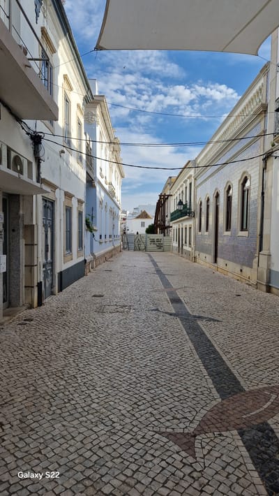 This is a photograph of a narrow cobblestone street in Faro, Portugal, looking down the street towards a construction site. The street is lined on both sides by traditional white and blue buildings with ornate architectural details. On the left, a white building has a cantilevered section with exposed wiring and air conditioning units. On the right, a building is adorned with blue and white patterned tiles. A large white canopy is stretched overhead, providing shade. The sky is blue with scattered clouds, and a bird is visible in flight. The cobblestone pavement is laid in a diamond pattern, with darker stone inlays forming a cross shape. The construction site at the end of the street is partially obscured by a metal fence with graffiti. There are no people visible in the frame. The scene captures a typical European streetscape with a mix of residential and commercial architecture.