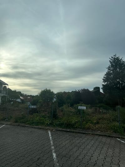 The image shows a cloudy sky over a residential area in Deidesheim, Germany. In the foreground, there is a paved parking lot with white line markings. A chain-link fence runs across the middle ground, separating the parking lot from a patch of overgrown vegetation. Beyond the fence, several houses with red-tiled roofs are visible, surrounded by trees. Two white signs are attached to the fence: one reads "DÜW JP 90" and the other reads "NF-EG 78". The overall scene suggests a somewhat unkempt property adjacent to a parking area, under an overcast sky.