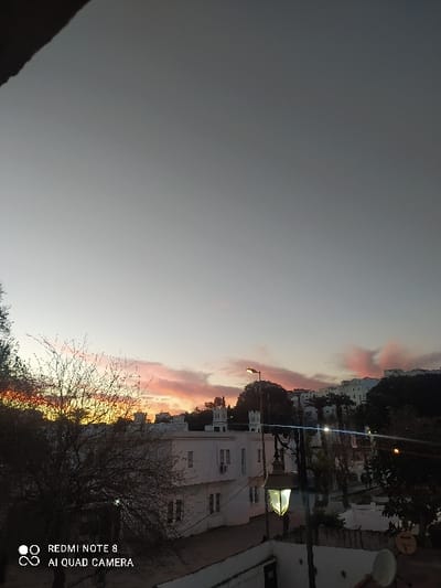White buildings are clustered together at dusk. A street lamp illuminates the architecture. The sky displays a gradient of gray to orange hues, hinting at a sunset. Bare trees frame the scene. The image is oriented sideways, with the sky spanning most of the left side. A watermark of "REDMI NOTE 8 AI QUAD CAMERA" appears at the bottom right corner.