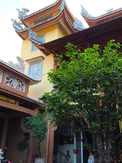 This image depicts the exterior of a multi-story building, identified as a temple or pagoda, in Thành phố Quảng Ngãi, Vietnam. The primary structure features light yellow walls and multiple tiered, upward-curving roofs. The eaves are decorated with pale blue ornamental elements, including sculpted dragons positioned at the corners of the upper roof levels. Rectangular windows with white or light blue patterned grilles are visible on the yellow facade.
To the left, a lower section of the building with a brown roof line showcases white carved panels exhibiting intricate scrollwork designs. This section is supported by thick, dark brown columns.
A large, dense green-leafed tree occupies the right and central portions of the foreground, partially obscuring the building. This tree is adorned with several red and yellow cylindrical lanterns, as well as strings of white lights.
Through an open entrance or archway on the right, beyond the tree, an interior space is discernible, revealing a dark wooden staircase with a banister. Framed artworks, including what appears to be a depiction of a Buddha or similar figure and lotus flower motifs, are visible on the interior walls. Smaller potted plants are positioned near the columns and at the entrance. No individuals are present in the frame.