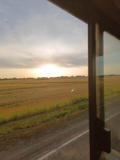 The image shows a landscape view from inside a vehicle, looking out a window at a field of dry grass or wheat under a cloudy sky with the sun partially obscured by clouds. The sun appears to be setting or rising, casting a warm glow over the scene. The field is flat and stretches to a distant treeline. The foreground shows the interior of the vehicle, including a dark frame of the window and a reflection on the glass. There are no people or specific structures visible in the field. The image appears to be taken in a rural area.