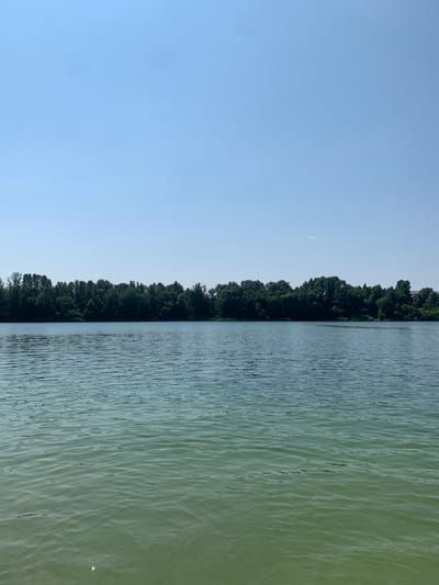 The image shows a wide, calm lake under a clear blue sky. A dense line of green trees borders the far side of the lake, creating a distinct horizon. The water in the foreground is a greenish hue, with gentle ripples disturbing the surface, suggesting a slight breeze. The background shows a few distant structures peeking through the trees on the right side of the frame. The scene appears to be a natural landscape, possibly a park or a recreation area within or near the city of Horenka, Ukraine, given the provided context. There are no people or animals visible in the image. The overall atmosphere is serene and natural.
