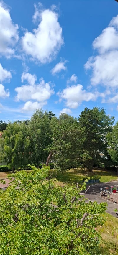 This media file depicts a sunny day in Le Havre, France, with a clear blue sky dotted with fluffy white clouds. The scene is dominated by lush green trees and foliage, suggesting a park or residential area with abundant plant life. In the background, hints of a building and a paved walkway or road are visible, along with outdoor furniture and what appears to be a balcony or deck. The bright sunlight casts shadows, indicating it is likely midday or early afternoon. The overall impression is one of a pleasant, serene outdoor environment. No people are visible in the frame. There is no visible text in the image.