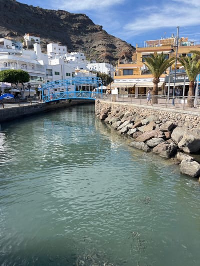 The image shows a view of a canal in Lomo Quiebre, Spain, located at coordinates 27.819, -15.764. The canal is calm and the water is a light turquoise blue. There are a few small fish swimming near the surface. A blue pedestrian bridge spans the canal. The canal is flanked by a stone wall and a rocky embankment on the right side, and a paved street with white buildings on the left side. The buildings are multi-level with white-washed stucco and tiled roofs. Some buildings have shops on the ground level. Several people are walking along the street and the embankment. A large palm tree grows on the right side of the image. The sky is blue and clear. The sun is shining.