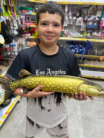 A young boy stands in an aisle of a store, holding a large, realistic-looking stuffed fish, possibly a pike. He is wearing a black t-shirt with white lettering that reads "Los Angeles" and white shorts with a black abstract design. The store aisle is lined with shelves stocked with various household items, including kitchen utensils, baking supplies, and what appear to be rolls of material. The background shows a brightly lit commercial environment. The boy is looking directly at the camera with a slight smile. The location is identified as Ivanivka, Ukraine.