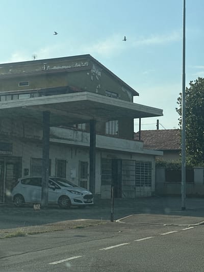 The image shows a street scene in Rudiano, Italy. In the foreground, a grey car is parked under a covered structure. The structure appears to be a covered parking area or part of a building with an overhanging roof supported by pillars. Behind the car, a building with a greenish, weathered facade is visible. The building has windows and doors with metal grates. In the sky, two birds are in flight. A tall, grey utility pole stands to the right of the building, and a tree with dark green foliage is partially visible behind it. The street in front of the covered structure has markings, suggesting it is a road or parking area. The overall environment appears to be an urban or semi-urban setting.