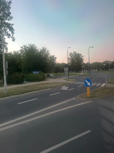 The image depicts a street scene in Lublin, Poland, likely at dusk given the gradient of the sky transitioning from pale blue to soft pink. The foreground is dominated by a two-lane asphalt road with white lane markings. To the right, a blue circular traffic sign with a white arrow pointing downwards and to the left is mounted on a yellow pole. Beyond the road, a sidewalk curves around a grassy area with bushes and trees. A light-colored scooter is parked on the sidewalk. Further back, more trees line the street, and streetlights are visible. A dark-colored car is seen driving on the road in the middle distance. In the background, other vehicles, including what appear to be buses, are visible on a wider road, suggesting a more urban environment. The overall impression is of a well-maintained public street with clear signage and vegetation.