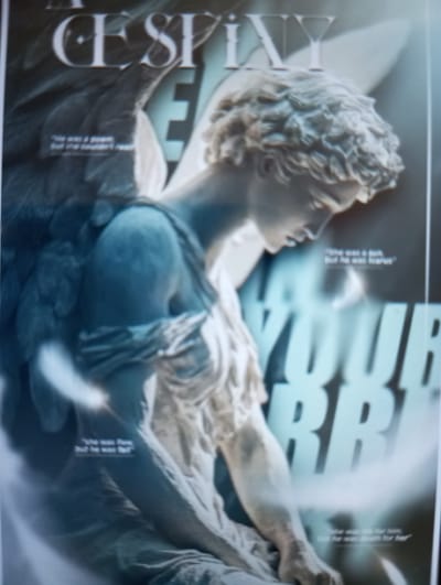 The image is a photograph of a statue of an angel with wings, set against a backdrop of large, blurred text. The text at the top of the image appears to read "A DESTINY." There are also smaller quotes overlaid on the image, such as "'he was a dream but she wasn't real'" and "'she was a sun but he was fears'". In the lower portion of the image, the text is more prominent and reads "YOUR BR...". The statue is made of a light-colored material, possibly marble or plaster, and depicts the angel in a thoughtful pose, with its head bowed. The lighting is dramatic, with spotlights highlighting the statue and creating strong contrasts. The overall effect is artistic and evocative. The image does not contain any identifiable elements related to the city of Dymer, Ukraine.