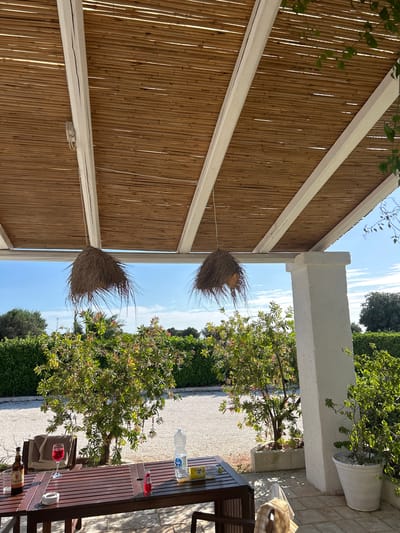 The image captures an outdoor seating area, likely at a villa or hotel, in the city of Polignano a Mare, Italy. The foreground features a wooden table set on a paved patio, with two chairs visible, one partially obscured. On the table, there are two bottles of beverage, one amber-colored and labeled "Dominis," a glass filled with red liquid, a small glass, a white ashtray with a cigarette butt, a bottle of water, and a yellow packaged item. A light-colored towel or blanket is draped over one of the chairs.
Overhead, a pergola with a bamboo roof and white beams provides shade. Two lamps made of natural fibers hang from the ceiling. Beyond the patio, a garden area is visible with green bushes and small trees, some bearing red fruits. In the background, a gravel or pebble-covered area stretches out, leading to more greenery and trees under a clear blue sky with some wispy clouds. A white pillar supports the pergola structure. The overall ambiance suggests a relaxed setting, possibly during a warm day.