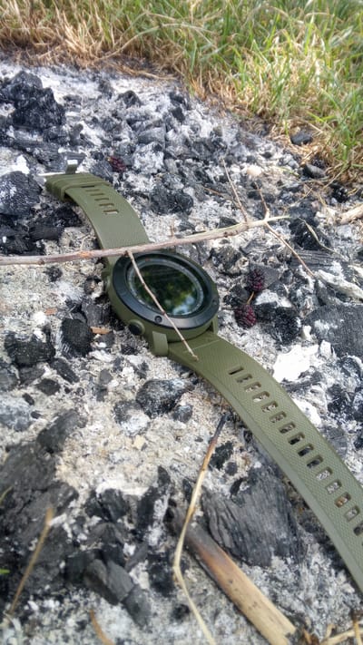 A digital wristwatch with a green band lies on a patch of dry grass and ashes. The watch face is circular with a black bezel and a dark screen displaying faint reflections. A thin, dry twig crosses diagonally over the watch face. Two small, dark berries are positioned to the right of the watch. The background consists of gray and black ashes mixed with dried grass. The scene is outdoors, on the ground. No people or animals are present. The specific location of Buzke, Ukraine is not visually identifiable from the image.