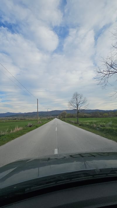 A roadside view shows a straight asphalt road with white lane markings cutting through green fields and lined with utility poles. Mountains are visible on the horizon. A bare tree stands beside the road. The sky is mostly cloudy with patches of blue. The image appears to be taken from inside a vehicle as part of the dashboard and window are visible on the right side. The location is likely near Osetenovo, Bulgaria, given the prompt.