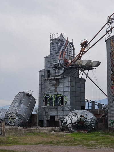 The image depicts the ruins of an abandoned industrial grain silo facility located in Chimbarongo, Chile. A large, multi-story metal structure, likely the central processing tower, stands upright and is covered in graffiti. To the left, a cylindrical silo has toppled over, resting at an angle on the ground and also bearing graffiti. In the foreground to the right, a large, spherical component of a silo lies on its side, heavily vandalized with spray paint. Several other smaller, cylindrical structures are visible in the background, some appearing damaged or incomplete. Metal beams and support structures are scattered throughout the scene, indicating structural decay. The ground is covered with dry grass and dirt, suggesting an arid or neglected environment. The sky is overcast, contributing to a somber atmosphere. No people are visible in the image. The overall scene conveys a sense of abandonment and decay.