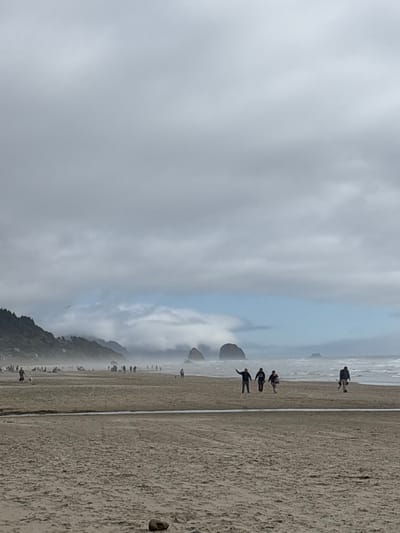 A coastal scene displays a sandy beach bordering an ocean with distant rock formations. The sky is mostly overcast with gray clouds, though a sliver of blue is visible near the horizon. Multiple people are seen on the beach, some closer to the water's edge and others further away. Lush greenery is visible along a coastal hillside in the distance. The overall atmosphere is tranquil and overcast.