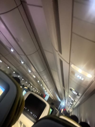 The image presents an angled, tilted view looking down the aisle of a modern airplane cabin. The perspective is taken from a seat, with the right side of the frame showcasing the backs of passenger seats equipped with in-flight entertainment (IFE) screens. Some screens are dark, while others display illuminated vertical lines or abstract patterns. Dark headrests and partial views of passengers are visible in the foreground and extending down the right side of the aisle.

The cabin interior is predominantly white and light grey, featuring rows of overhead compartments. Numerous small, square-shaped artificial lights illuminate the aisle floor and the cabin ceiling, with brighter, oval-shaped lights also visible on the ceiling panels. The lighting is uniform and suggests an indoor setting, possibly during nighttime or with window shades closed. The image exhibits some motion blur, particularly towards the far end of the aisle, implying camera movement or a dynamic setting. There is no discernible text visible on any screens or signs within the cabin. The scene depicts a typical commercial flight environment, with the external context provided as Addis Ababa, Ethiopia.