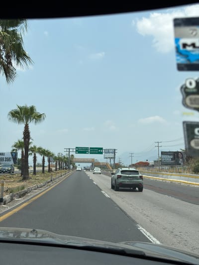 The image shows a view from inside a vehicle on a highway, presumably taken in or near Cuautla, Mexico. The direction signs visible indicate routes to Ciudad de Mexico (Mexico City), Cuernavaca, and Oaxtepec. Palm trees line the side of the road. Other vehicles are visible on the road. A billboard advertising is also visible.