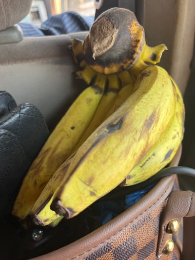 The image presents a close-up view of a bunch of multiple ripe yellow bananas, displaying various brown and black spots on their peels. The bananas rest within a brown, checkered-patterned bag featuring visible gold-toned hardware, positioned in the lower right foreground. To the immediate left of the bananas, a section of a black quilted object, consistent with a handbag, is partially visible. The background features a light-colored upholstered surface, behind which a dark blue pinstriped fabric and a blurred, bright area consistent with an outdoor window are observed. The environment is an interior space, consistent with that of a vehicle, specified as Oto, Nigeria. No individuals or actions are depicted.