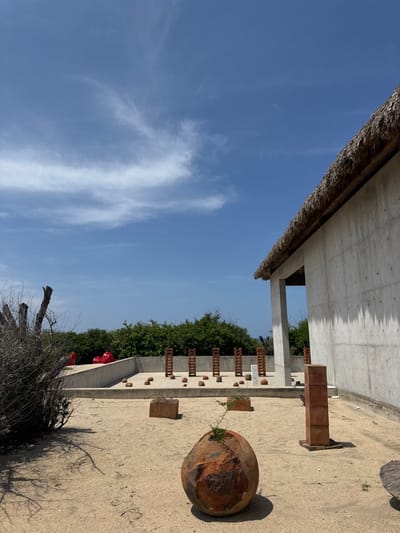 The image depicts an outdoor sculptural garden situated in San Isidro Llano Grande, Mexico, under a clear, bright blue sky with sparse white clouds. The scene is bathed in direct sunlight, casting distinct shadows. On the right side, a contemporary building constructed from exposed concrete features a prominent thatched roof extending into the frame, with a visible concrete support pillar beneath the roofline.
The immediate foreground consists of a sandy or dirt ground. A large, ovoid, reddish-brown stone or sculpture, approximately 0.75 meters in height, with a small green plant sprouting from its top, is positioned slightly left of center. To its right, an upright reddish-brown sculpture, appearing as stacked rectangular blocks, stands approximately 1 meter tall. A flatter, rectangular reddish-brown object is located to the left of the ovoid sculpture.
Beyond this foreground, a concrete platform displays multiple art installations. These include several vertical, ladder-like wooden structures, each approximately 1.5 to 2 meters tall, arranged in rows. Numerous smaller, round, reddish-brown stones or sculptures are scattered across the platform, interspersed with the wooden structures, and at least one vertical white rectangular column.
In the background, beyond the concrete platform, two large, abstract, bright red sculptures are partially visible, situated amidst dense green vegetation. The far left foreground shows dry, light-colored brush and weathered tree stumps. No individuals are present in the scene.