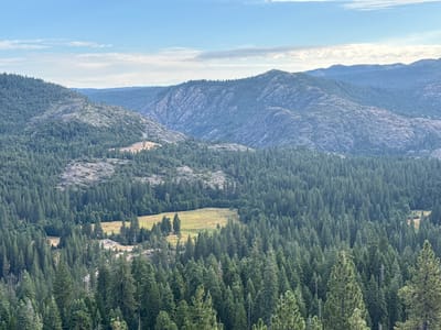 This is a wide-angle, eye-level shot of a forested mountain landscape in Emigrant Gap, United States. The scene is dominated by rolling hills covered in dense evergreen trees, primarily firs, with some rocky outcrops visible. In the mid-ground, a small, sunlit meadow breaks the uniformity of the forest, dotted with a few scattered trees. Further back, successive layers of mountains recede into the distance, becoming progressively bluer and more indistinct due to atmospheric haze. The sky above is a pale blue, with scattered, wispy white clouds.

The lighting suggests it is late afternoon or early evening, with the sun casting a warm glow on the meadow and creating subtle shadows within the forest. The weather appears clear and pleasant. There are no people or obvious man-made objects in the frame, emphasizing the natural, wild character of the setting. The overall impression is one of peacefulness and vastness, typical of a mountain wilderness. No text is visible in the image.