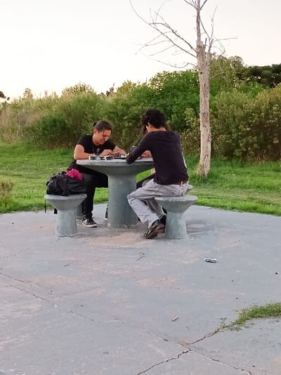 The image, taken in General Pacheco, Argentina, depicts two individuals at a concrete picnic table in an outdoor park or recreational area. The scene is illuminated by natural light, suggesting late afternoon or early evening.
One person, positioned on the near side of the table, has short dark hair and appears to be wearing a dark short-sleeved shirt, possibly with glasses. They are leaning on the table, looking down at an object. The second person, on the far side of the table, has dark, curly hair and is wearing a dark long-sleeved top and light-colored pants. This individual is either standing or kneeling on the bench, bending over the table, also focused on something in front of them. It appears they are engaged in an activity together, possibly playing a game or interacting with a device on the table, though the specific item is not clearly discernible.
Objects visible include the grey concrete picnic table and benches. A black backpack with some pink fabric is resting on one of the benches near the person in the dark short-sleeved shirt. A mobile phone is lying on the concrete ground to the right of the table.
The setting features a concrete ground surface around the table, showing some cracks. Beyond this, there are lush green grassy areas and dense foliage, including bushes and trees, forming the background. To the left, a light-colored, bare tree trunk with sparse branches stands prominently against the bright sky. The overall impression is one of a peaceful outdoor leisure activity. There is no visible text in the image.