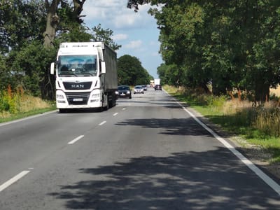 The image shows a paved road in Zgalevo, Bulgaria, lined with mature trees on both sides. A large white truck with the brand "MAN" prominently displayed on its front is driving on the right side of the road. Several cars are visible on the road ahead of the truck, suggesting moderate traffic. The sky is partly cloudy, with patches of blue visible. The overall scene depicts a typical day on a rural or semi-rural highway.