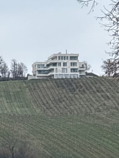 A modern, multi-story residential building, characterized by its light-colored facade, extensive fenestration, and tiered design with balconies, is centrally positioned on a cultivated hillside in Bech-Kleinmacher, Luxembourg. The hillside exhibits parallel rows of dormant vegetation, consistent with a vineyard, sloping from the building towards the foreground. The background consists of an overcast, light grey sky. Sparse, bare deciduous trees are visible on the horizon line flanking the building, and a cluster of bare branches intrudes from the upper right frame. No human presence or activity is detectable.