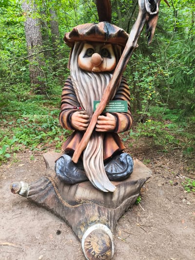 This media file features a wooden sculpture of a gnome-like figure sitting on a log in a forest setting. The gnome has a long, flowing beard, a cap, and is holding a wooden staff. It is carved with details such as a patterned tunic and boots. A small green sign is attached to the gnome's chest. The background consists of lush green trees and foliage, indicating a natural, wooded environment. The ground is covered in dirt, fallen leaves, and pinecones. The lighting suggests it is daytime, and the weather appears mild and possibly overcast, given the soft light.
The sign on the gnome's chest has text written in Cyrillic script. The text appears to be a folk saying or a playful message related to wishes. Based on the recognizable Cyrillic characters, the text reads: "Шепни на ушко лесовичку-маховичку заветное желание и оно обязательно сбудется!" This translates to: "Whisper your cherished wish into the little forest spirit's ear and it will surely come true!" The overall scene evokes a sense of enchantment and a connection to nature, possibly within a park or a dedicated forest attraction. The location context provided, Прыгарадны сельскі Савет, Belarus, further narrows down the geographical area. The sculpture itself is the central subject, with the forest serving as its setting. There are no people actively participating in the scene, only the static wooden figure. The activity implied is the act of whispering a wish to the gnome, as suggested by the sign.