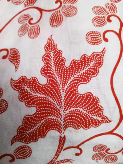 A close-up depicts red, dotted patterns on a white fabric. The dominant design element is a stylized leaf with wavy edges and prominent veins formed by the absence of dots. Smaller flower-like clusters with similar dotted patterns are scattered around the leaf and along winding, curvilinear stems. The red dots create a visual texture, contrasting with the white background and defining the shapes of the botanical motifs.
