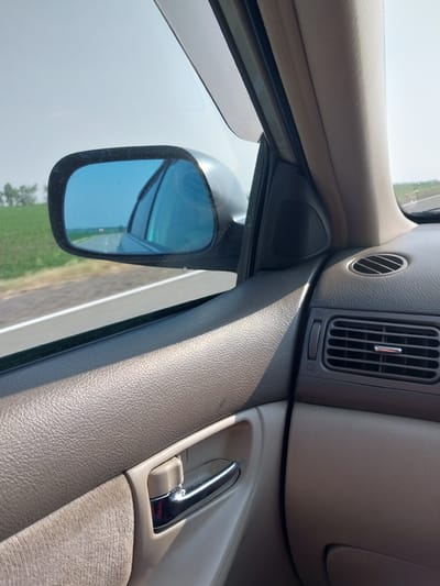 The image is a close-up interior view of a car, taken from the passenger seat looking forward and to the left. A blue-tinted side mirror reflects the road ahead, bordered by green fields. The car's dashboard is visible on the right, featuring air vents and a chrome-accented door handle in the foreground. The sky is overcast and light. The image does not show the city of Sychevka, Russia.