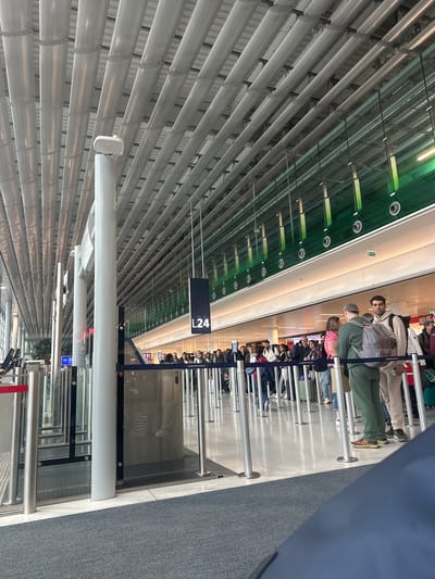 The image depicts a queue of people standing in line at gate L24, inside Charles de Gaulle Airport (CDG) in Le Mesnil-Amelot, France. Passengers are waiting near stanchions. Above them is a white slatted ceiling and green-tinted glass roof, with fluorescent lighting. Many passengers are Air France travelers.